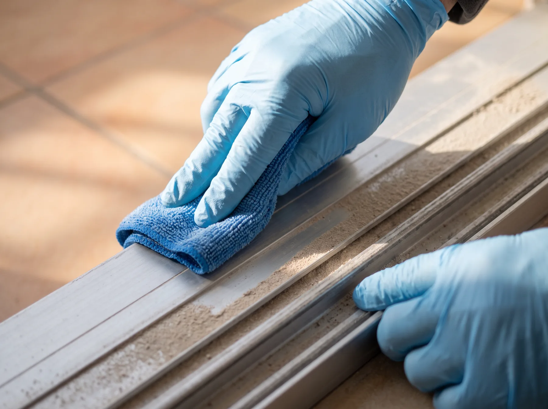 Fine construction dust being removed from a sliding door track